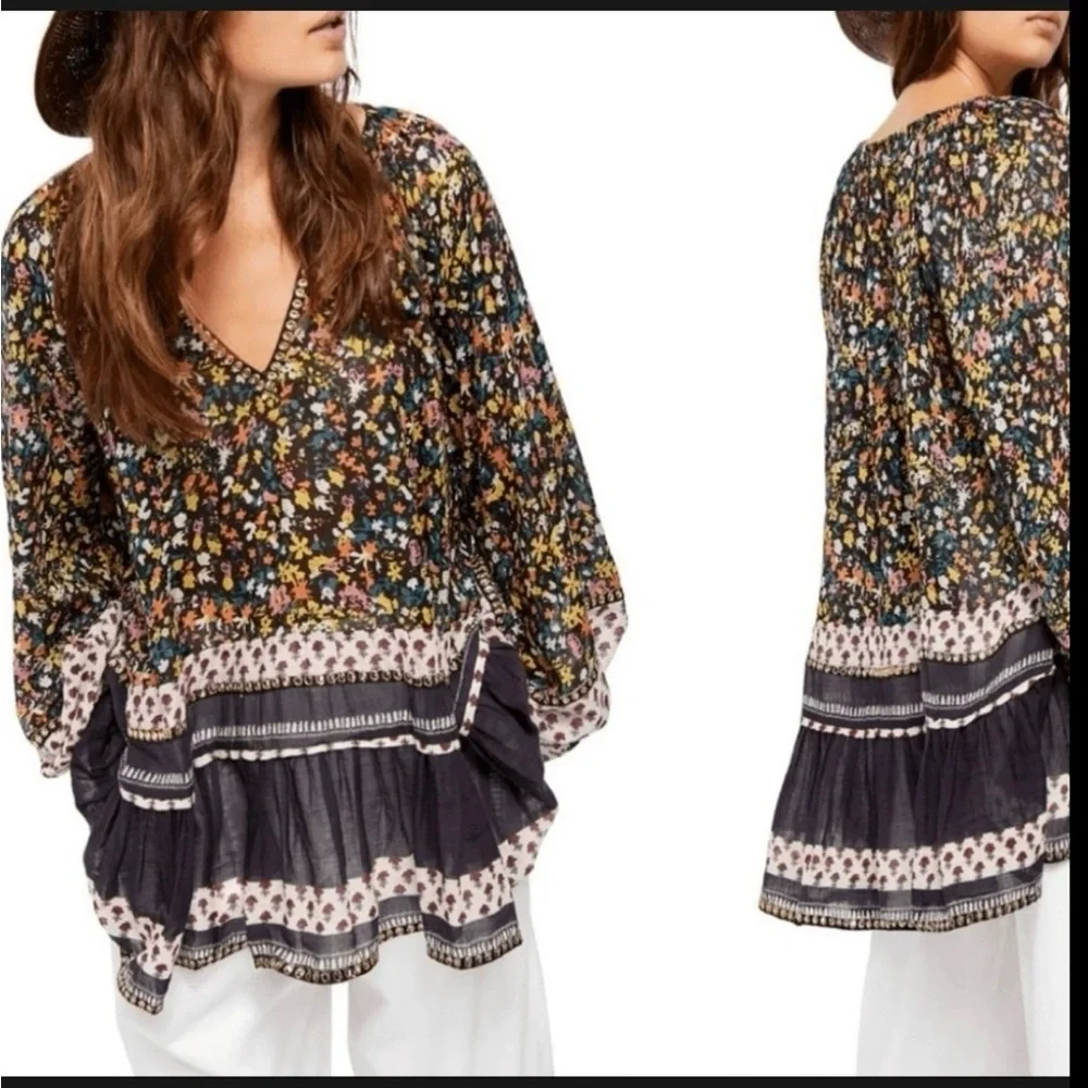 FREE PEOPLE Gardenia Tunic in Black Yellow Floral Sequin Oversized Size Small